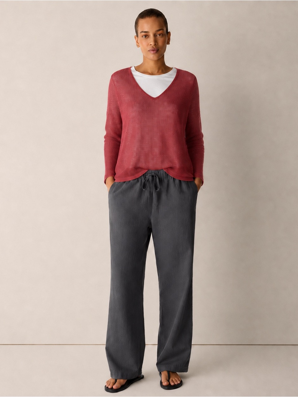 EILEEN FISHER LINEN COTTON BLEND V NECK SWEATER TOP SZ L